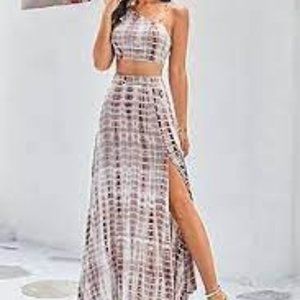 Ebifin Women's Tie Dye Maxi Dress Sleeveless One Shoulder Crop Top 2 Piece Outfi